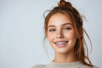 Wall Mural - Portrait of a Smiling Young Woman with Braces and Freckles