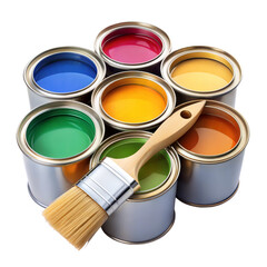 A colorful arrangement of paint cans, featuring various vibrant colors and a paintbrush, perfect for creative projects and home improvement.