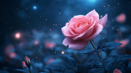 Wall Mural - Pink rose flower on a blue starry sky background, night flower