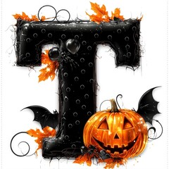 Poster - Halloween Letter T with Pumpkin and Bats