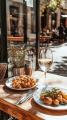 Poster - A wooden table topped with plates of food and a glass of wine