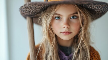 Canvas Print - A little girl wearing a hat and holding a stick