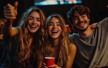 Three friends laughing and cheering together in a cozy setting. Joyful expressions and relaxed atmosphere capture a moment of happiness among close companions sharing good times.