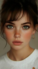 Wall Mural - Close-up Portrait of a Young Woman with Green Eyes and Freckles