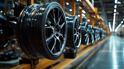 Close-up of automotive wheels on an assembly line in a factory setting, showcasing industrial manufacturing and precision engineering.