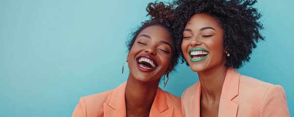 Two beautiful women in peach blazer suits sharing joyful laughter against a vibrant blue background