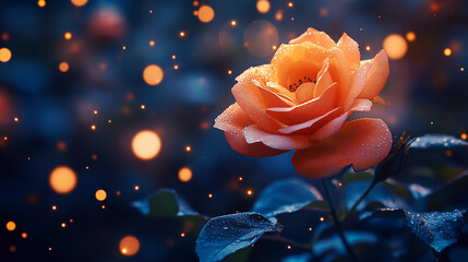 Wall Mural - Orange rose flower on a blue starry sky background, night flower