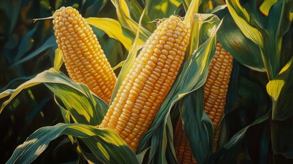 Golden Corn Ears in Lush Green Foliage