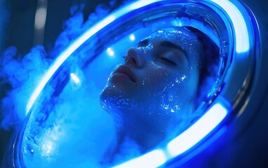 woman in a luxury cryogenic pod with blue led lighting, experiencing futuristic skincare treatment i
