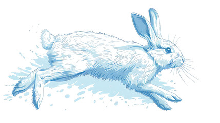 Wall Mural - A blue line drawing of a rabbit leaping in mid-air.