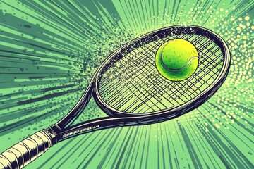 Dynamic comic-style tennis background featuring a tennis racket and ball in motion, capturing the energy of the sport with vibrant green tones and an explosive design.