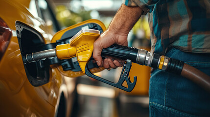 man hand holding a gas pump nozzle and filling up a car at the station is using a fuel benzin