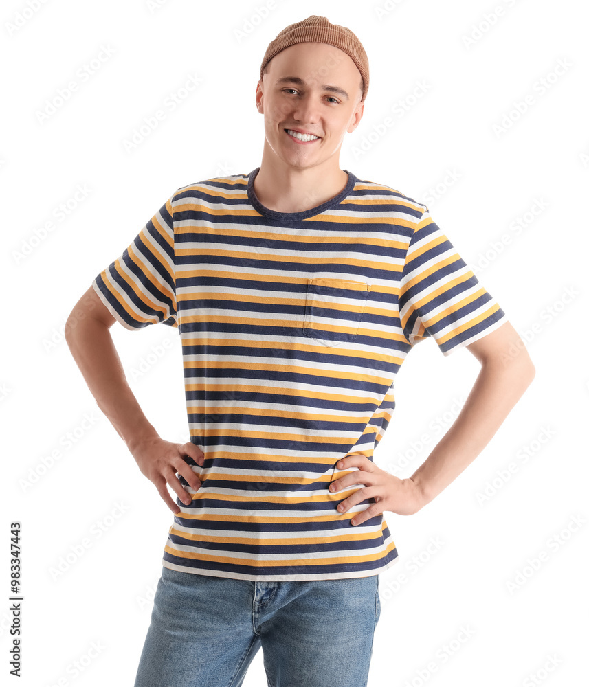 Handsome young man in stylish t-shirt isolated on white background
