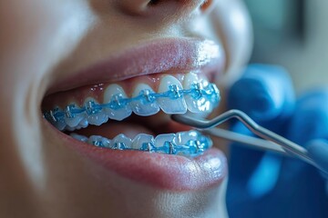 Close-up of a person's mouth with blue braces and a dental tool