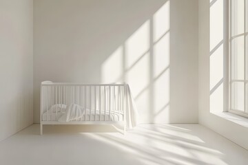 Poster - Minimalist white baby room with natural light and a crib