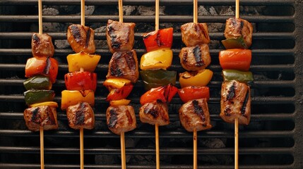 Canvas Print - A close up of a grill with meat and vegetables on skewers, AI