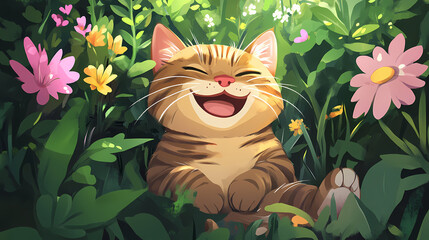 A happy, chubby cat with a big smile, lounging in a sunny garden with flowers and greenery around. Caricature. Illustration