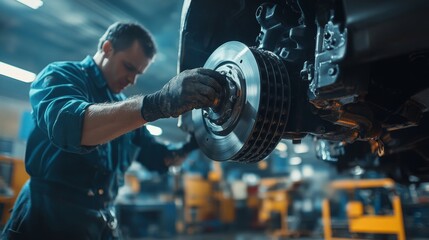 Mechanic working on a car brake system in a garage. Maintenance and repair work on vehicle components in an auto workshop.