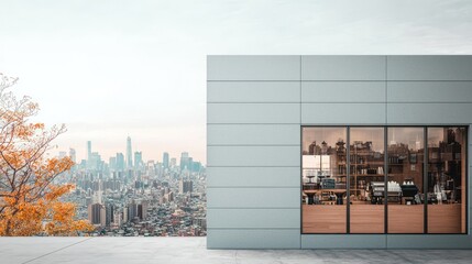 Wall Mural - A minimalist coffee shop exterior made entirely of smooth, light gray fiber cement siding, set against a vibrant cityscape to showcase urban resilience