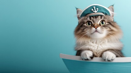 Canvas Print - A cat in a blue boat with hat on looking at camera, AI