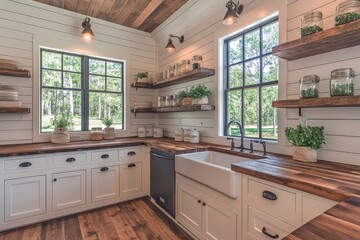 Canvas Print - Chic modern farmhouse kitchen with wooden shelves and large windows in natural light