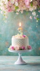 Birthday cake with candle number 3, presents, hats and colorful balloons over light grey background. Birthday Party