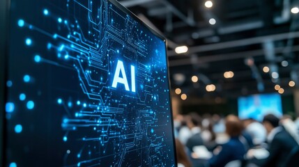 AI displayed on a screen in a conference room with attendees in the background