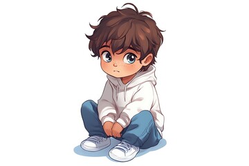 Poster - Cute cartoon boy with brown hair sitting on the floor, digital illustration