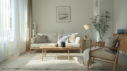 Canvas Print - A Scandinavian living room showcases clean lines and a neutral palette, highlighted by natural light and minimalist decor, creating a warm and inviting space with functional elegance.