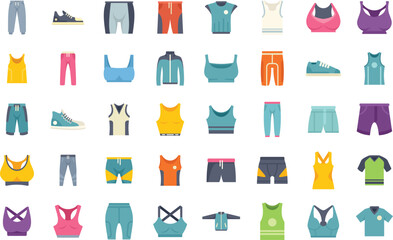 Variety of colorful sportswear apparel is being presented in this collection of vector icons