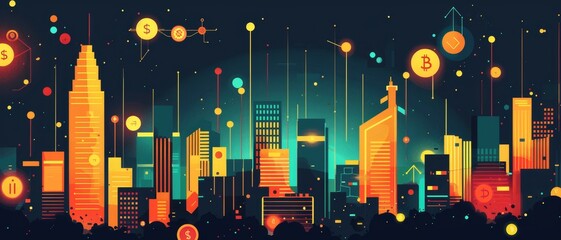 Wall Mural - a vibrant city skyline at night, illuminated by colorful lights and digital icons representing techn