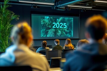 People Watching a Presentation About 2025 with Tropical Leaf Background