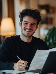 Wall Mural - Smiling Young Man Writing at a Desk