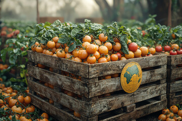 a community-supported agriculture program with a globe symbol on the crates, promoting local farming