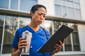 mature japanese doctor stand in front the building and read clipboard