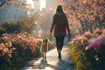 Canvas Print - A woman taking her dog for a walk in a beautiful city park, with blooming flowers lining the path.