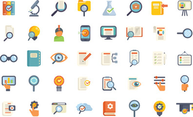 set of flat icons representing searching and researching information using magnifying glass, books, 
