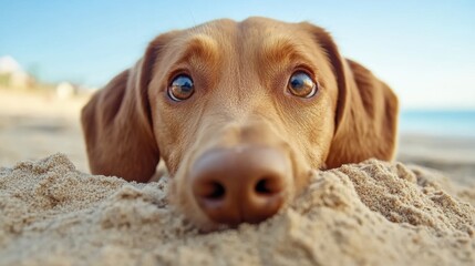 Wall Mural - A dog laying on top of a sandy beach looking at the camera, AI