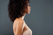 © Beauty Hero - Profille photo of adorable stunning lady nude shoulders enjoying herself empty space isolated grey color background
