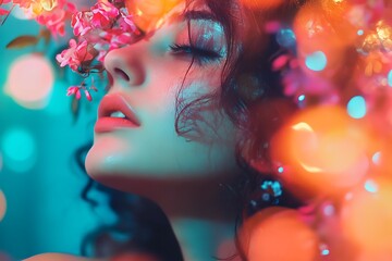 Closeup portrait of a young woman with flowers in hair, colorful lights in background, dreamy and artistic