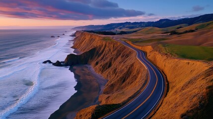 Poster - A scenic view of a winding road that runs along the ocean, AI