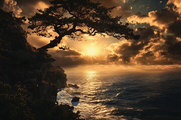 Silhouette of a tree on a cliff overlooking a calm sea with the sun setting in the background