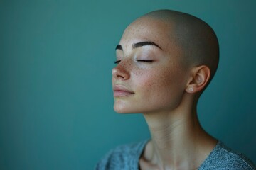 Wall Mural - Close-up Portrait of a Woman with Short Shaved Hair and Freckles