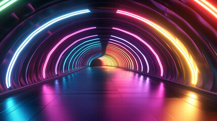 A futuristic neon tunnel with bright colors on the walls, creating a rainbow effect.