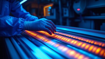 A close-up shot of two gloved hands handling glowing, cylindrical components in a high-tech manufacturing or laboratory environment. 