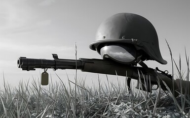 A military helmet and rifle lie in tall grass, signifying the end of conflict.