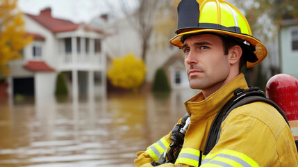 Poster - A firefighter in a yellow fireman's uniform standing by the water, AI