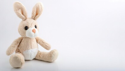 Stuffed animal of a bunny rabbit.  cute, adorable, plush, soft, companion friend and night time sleep toy for young boy and girl children.  Isolated on white background with copy space