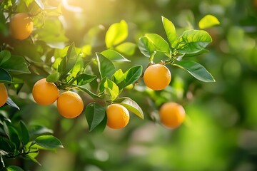 Wall Mural - Close up of orange tree branches with ripe oranges and green leaves in a sunny orchard