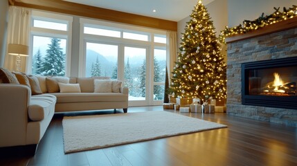 Wall Mural - A living room with a fireplace and christmas tree in front of the window, AI